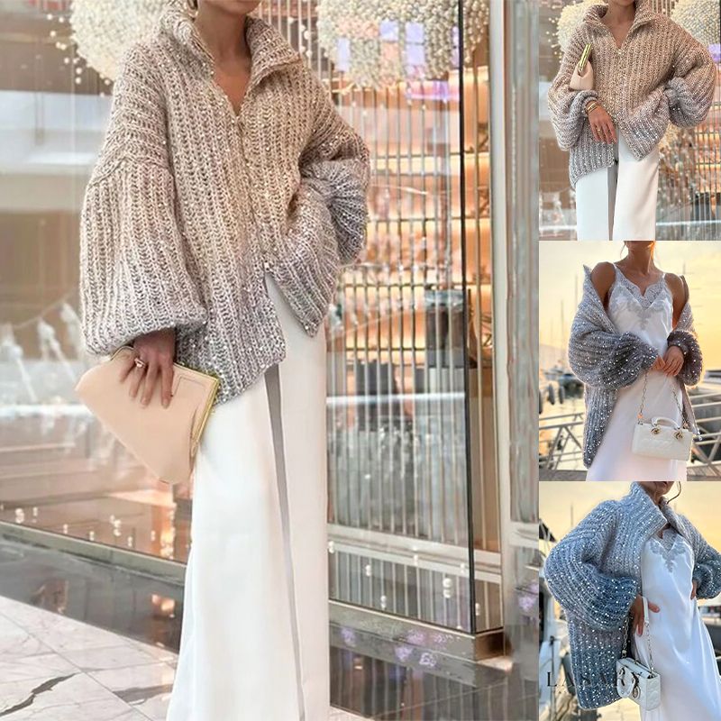 【Újdonságok 2025-ből】  Flitteres női kötött pulóver teljes cipzárral