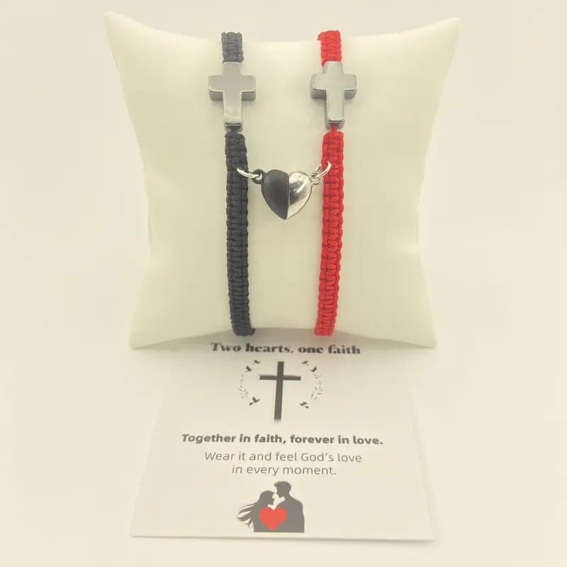 💕"Két szív, egy hit" - inspiráló keresztény karkötő kereszttel és Jézus áldását tartalmazó kártyával