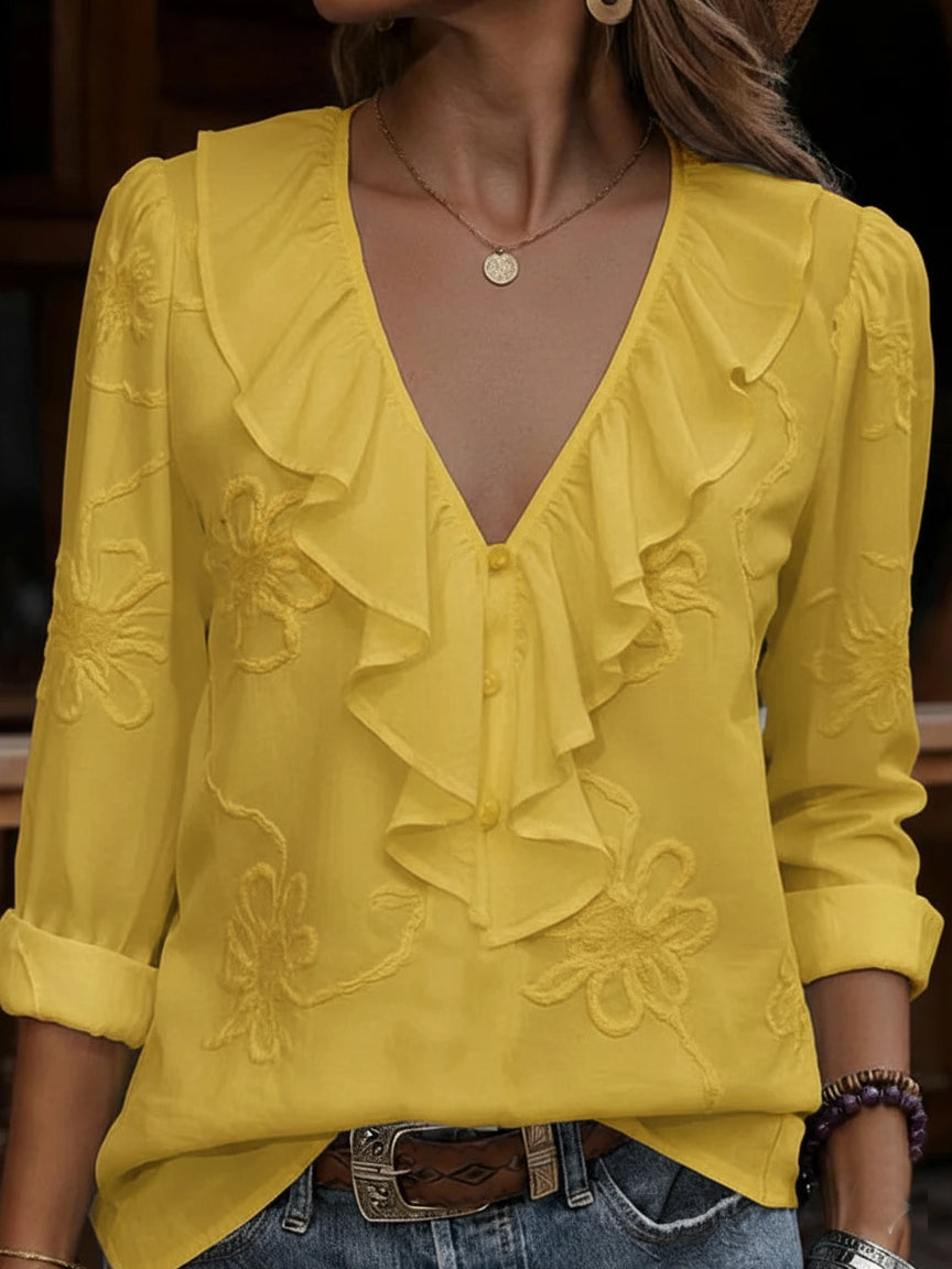 Vintage fodros V-nyakú ing hímzett virágokkal