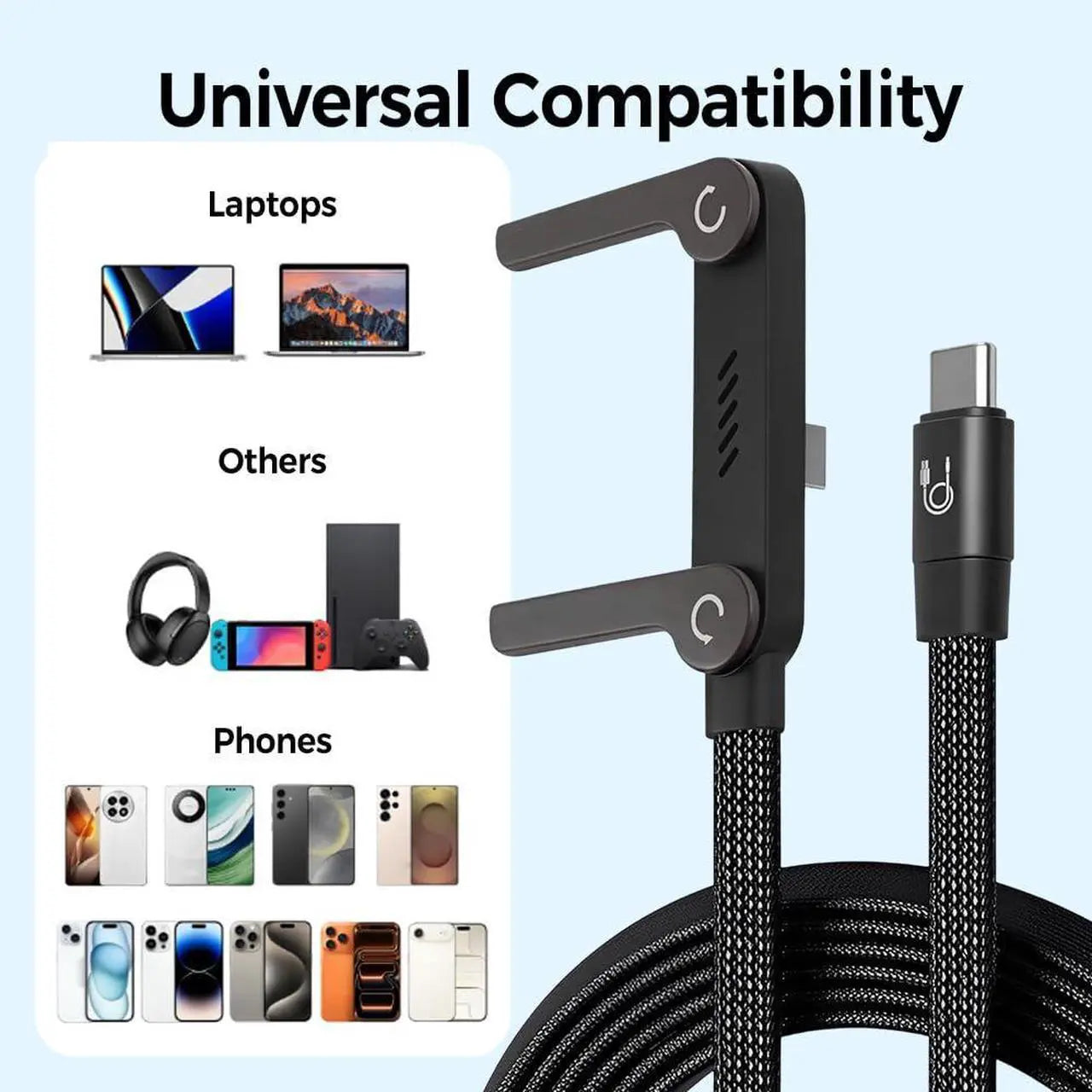 📱 240 W-os fonott gyorstöltő kábel beépített telefontartóval - Új 2026-os összecsukható, tartós USB-C Type-C kábel (2 db-os csomag)