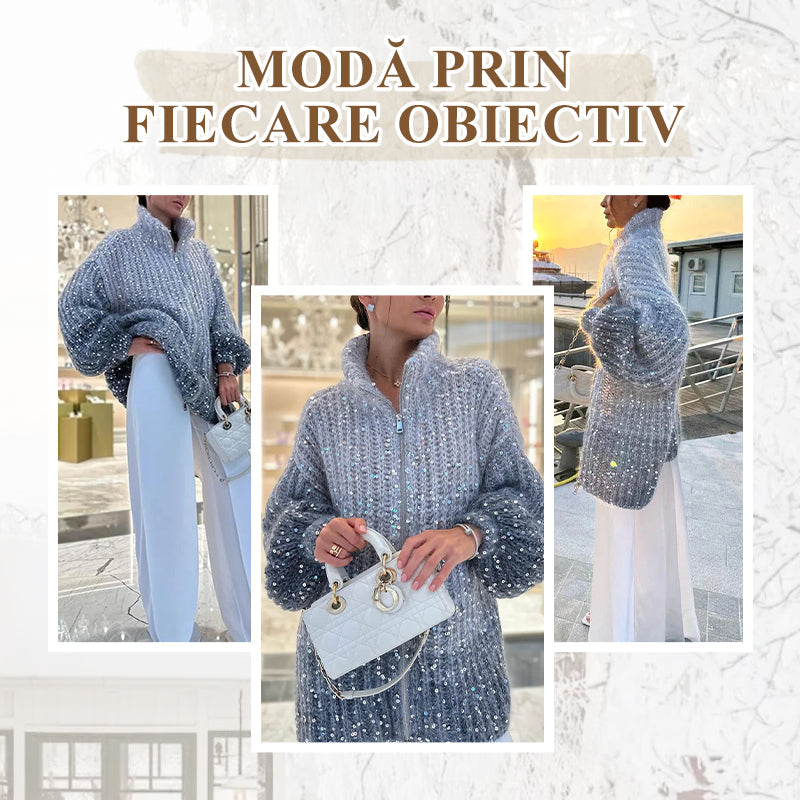 【Újdonságok 2025-ből】  Flitteres női kötött pulóver teljes cipzárral