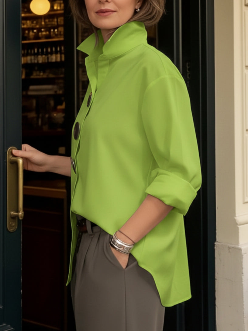 Elegáns pamut és lenvászon blúz állógallérral és fémgombokkal