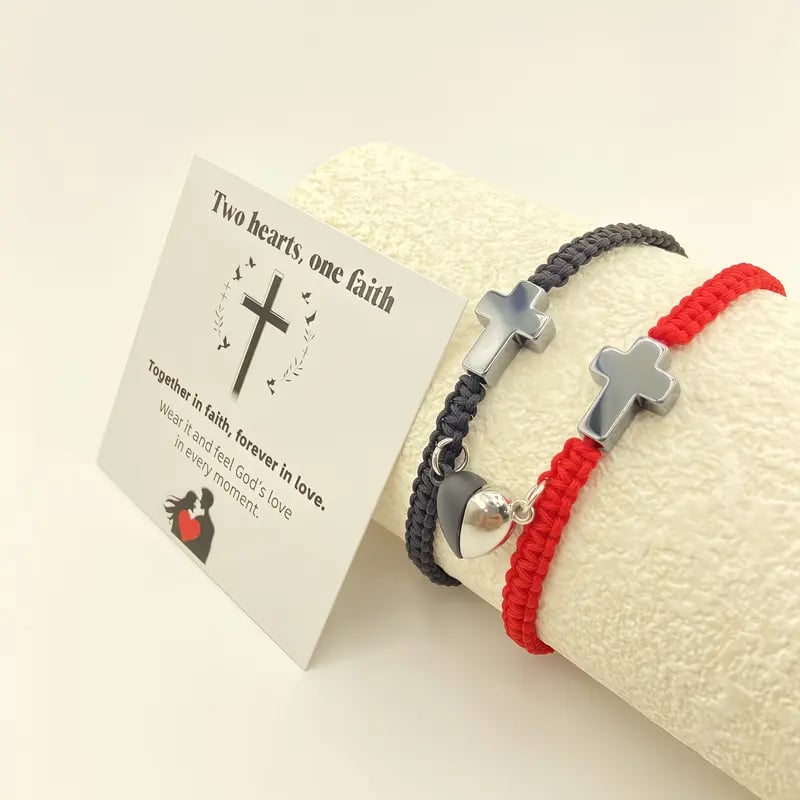 💕"Két szív, egy hit" - inspiráló keresztény karkötő kereszttel és Jézus áldását tartalmazó kártyával