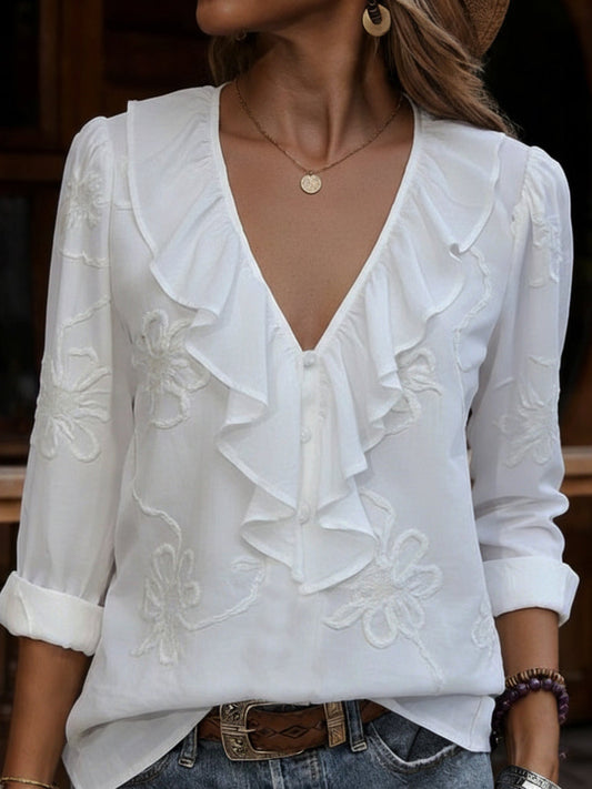 Vintage fodros V-nyakú ing hímzett virágokkal