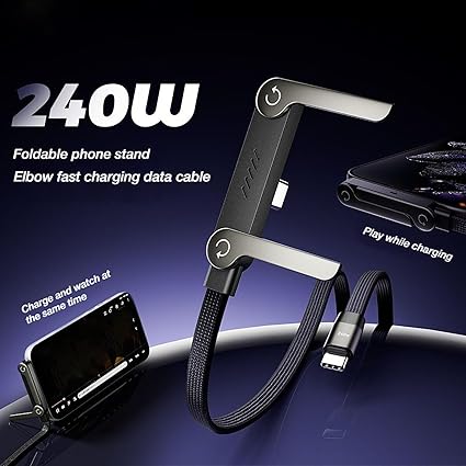 📱 240 W-os fonott gyorstöltő kábel beépített telefontartóval - Új 2026-os összecsukható, tartós USB-C Type-C kábel (2 db-os csomag)
