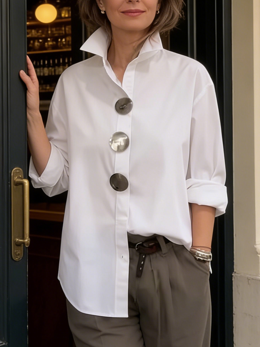 Elegáns pamut és lenvászon blúz állógallérral és fémgombokkal