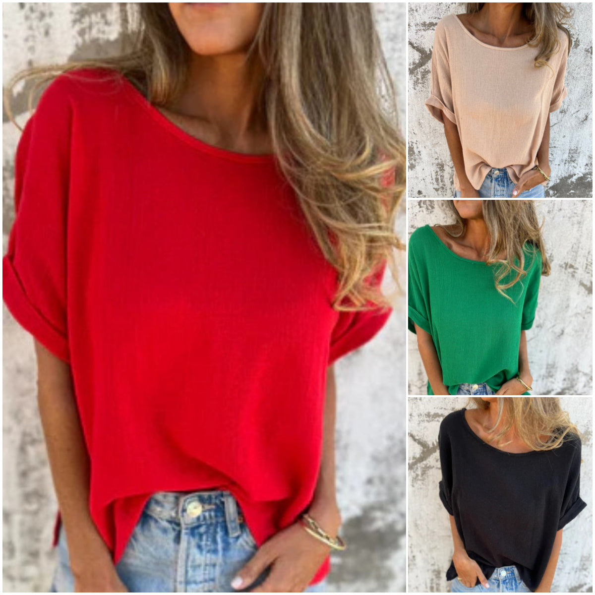 Egyszínű kerek nyakú rövid ujjú top