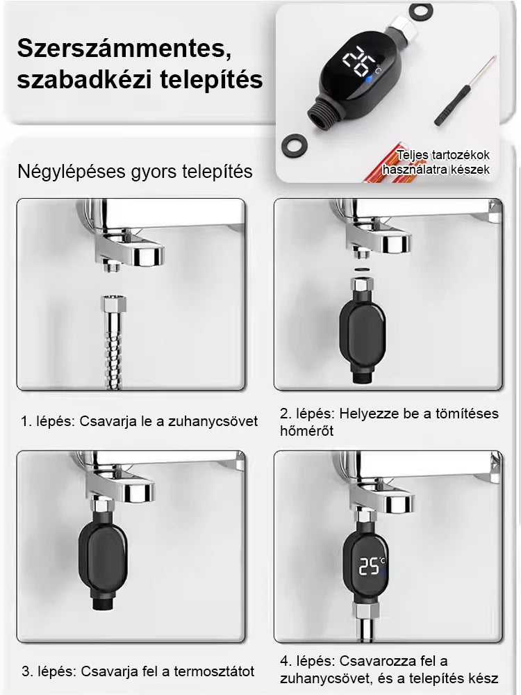 Intelligens vízálló zuhanyfej hőmérséklet-kijelzővel