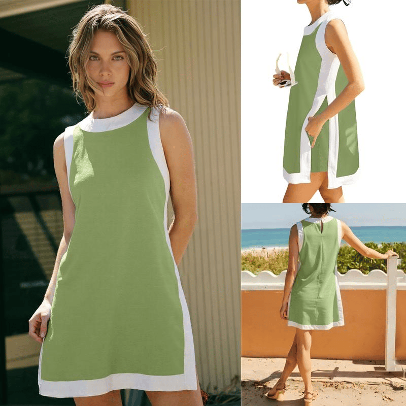 👗Női lezser színes blokkos ujjatlan felsők, rövidnadrágok zsebbel🥰
