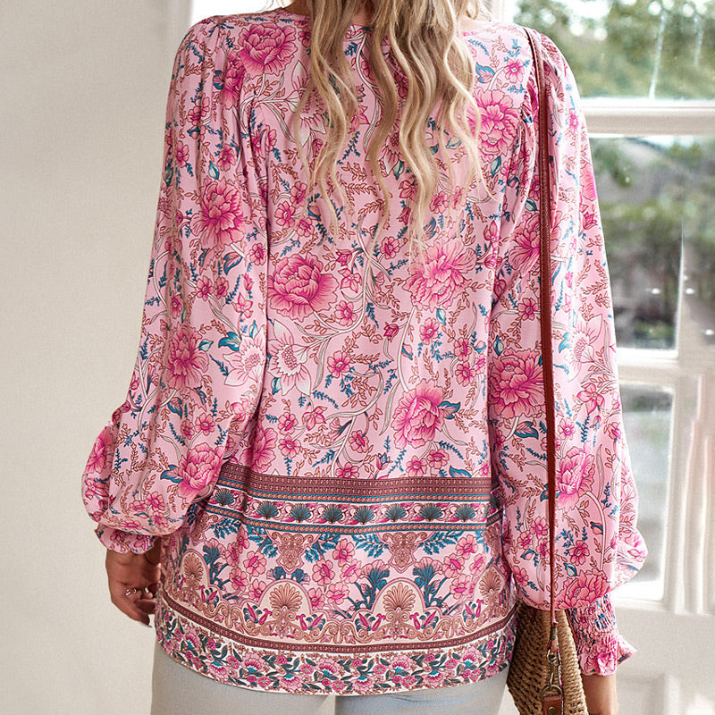 【S-2XL】🌺Női divatos, hosszú ujjú, nyomtatott V-nyakú ing