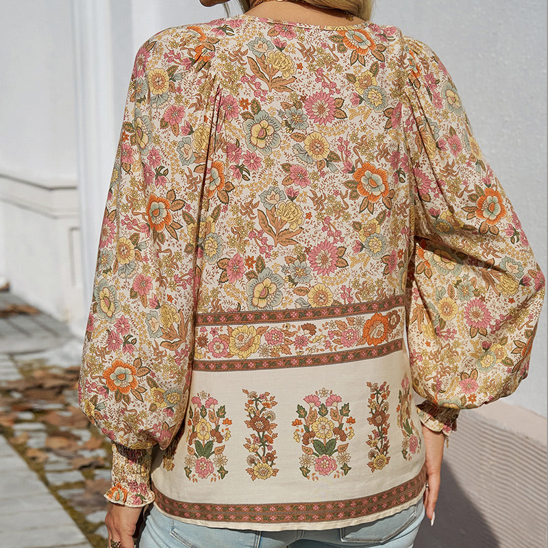 【S-2XL】🌺Női divatos, hosszú ujjú, nyomtatott V-nyakú ing