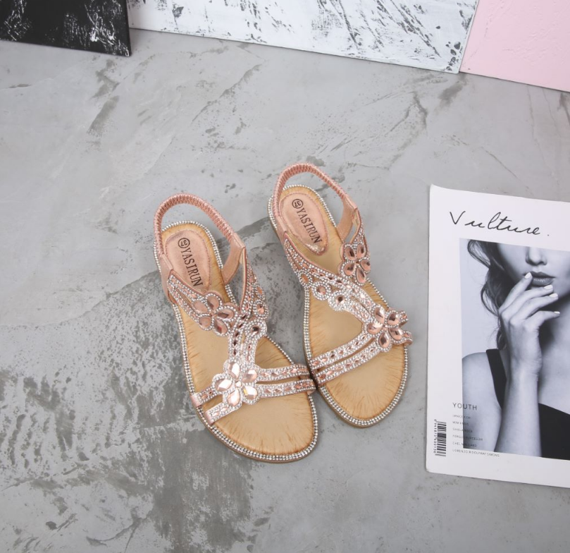 🔥Nyári forró eladó - elegáns virágos strasszos lapos szandálok