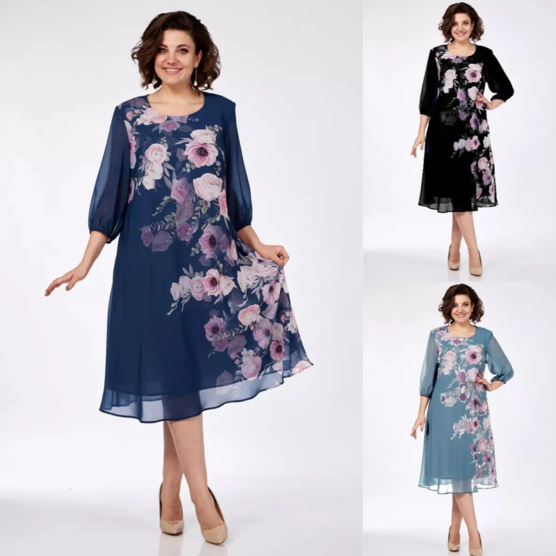 Elegáns virágmintás sifon ruha kerek nyakkivágással