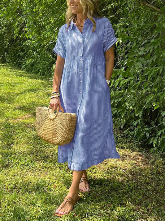 🔥👗 Csíkos ingruha hajtókával és gombokkal | Funkcionális zsebekkel