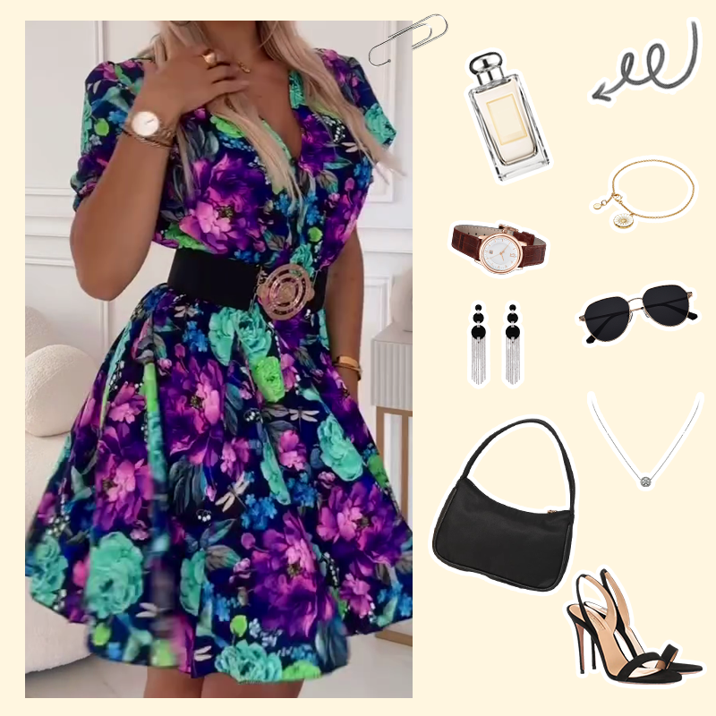 ⏳Korlátozott ideig 50% kedvezmény💥✨Női V-nyakú miniruha virágmintával