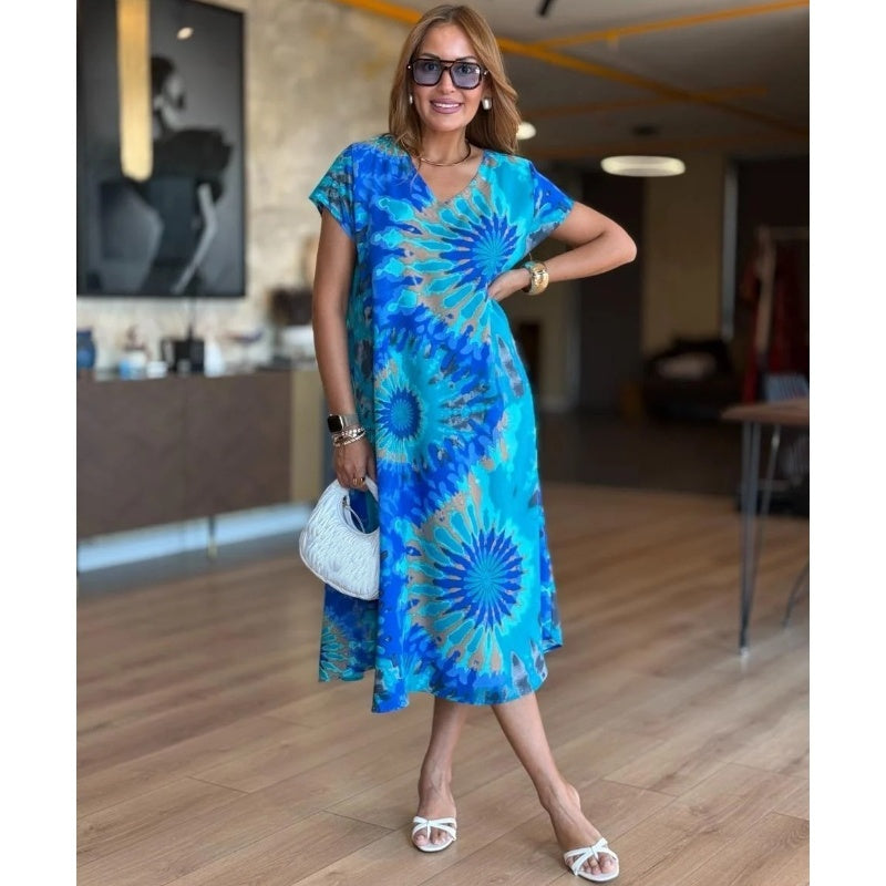 🤩Női bő, V-nyakú ruhák mintákkal