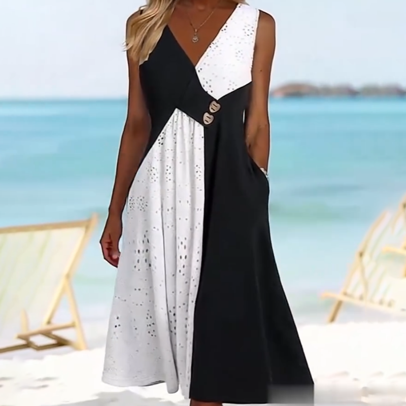 👗 Elegáns női ruha szív alakú nyakkivágással és modern patchworkkel