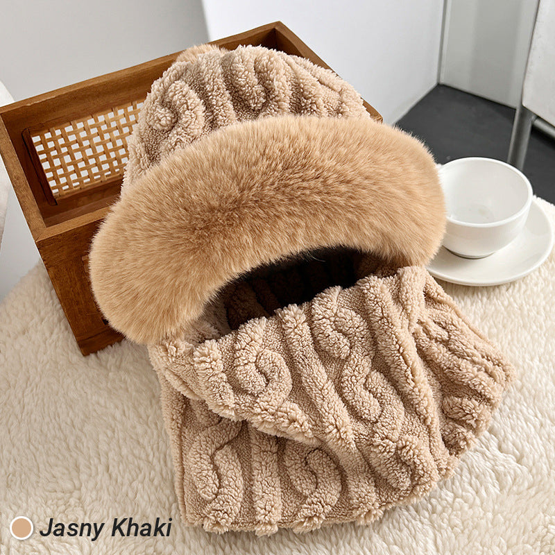 Női téli meleg, szélálló plüss sál sapka