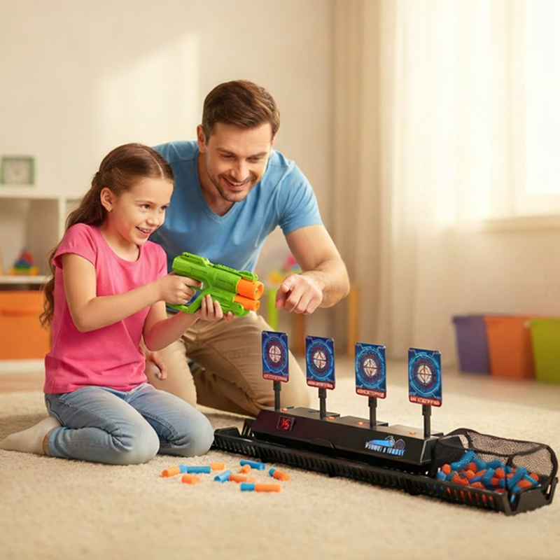 🎯Elektromos, automatikus visszaállítású lövöldözős játék mozgó sínekkel