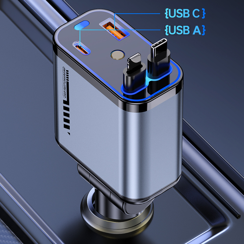 📱 Többfunkciós autós töltő gyorstöltéssel és visszahúzható kábellel | Minden okostelefonnal kompatibilis