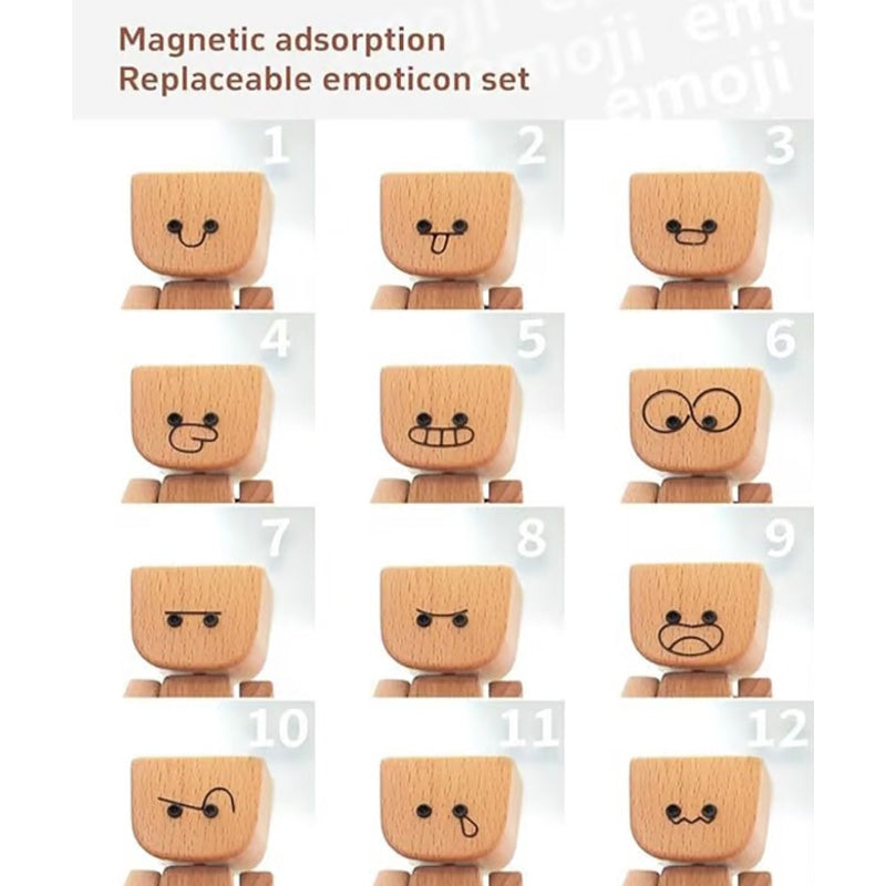 Bájos kis fa figura, amely 12 különböző arckifejezéssel mozog