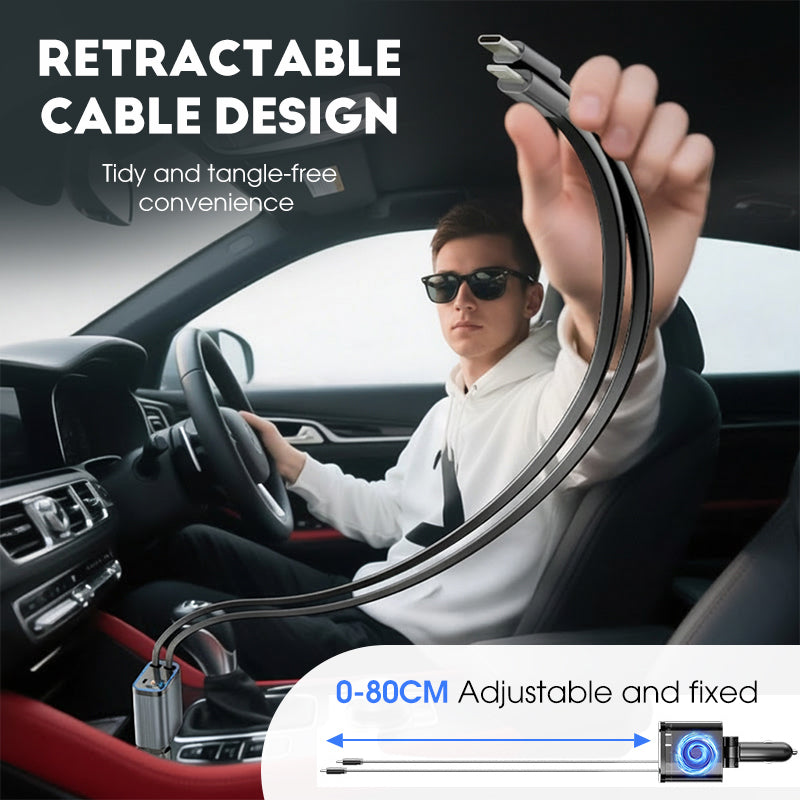 Ultragyors autós töltő visszahúzható kábelekkel és Starlight hangulatvilágítással