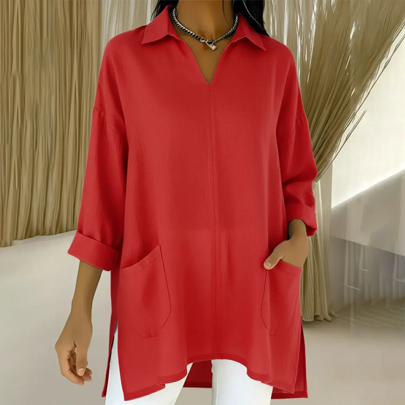 ✨🔥 2026-os újdonság – Női tunika V-nyakkal és gallérral, zsebekkel 👚