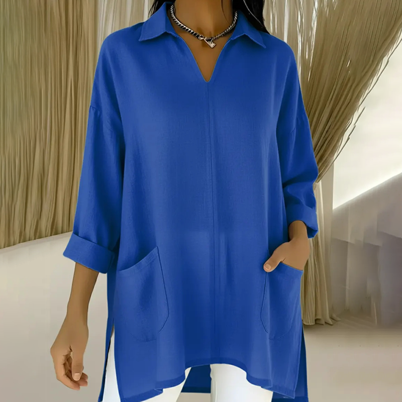 ✨🔥 2026-os újdonság – Női tunika V-nyakkal és gallérral, zsebekkel 👚