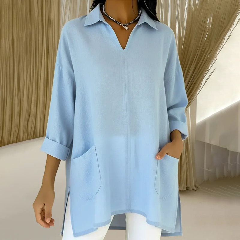 ✨🔥 2026-os újdonság – Női tunika V-nyakkal és gallérral, zsebekkel 👚