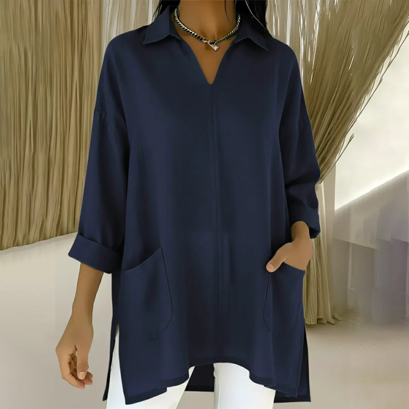 ✨🔥 2026-os újdonság – Női tunika V-nyakkal és gallérral, zsebekkel 👚