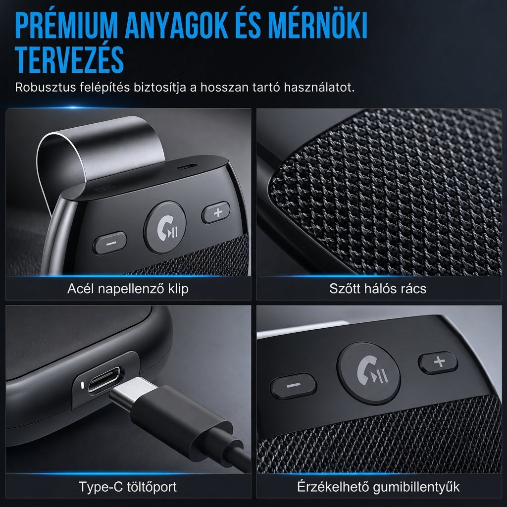 🚗 SP11 autó napellenző Bluetooth kihangosító, rezgésérzékelős automatikus bekapcsolás, A2DP támogatás és hívóazonosító hangos értesítés